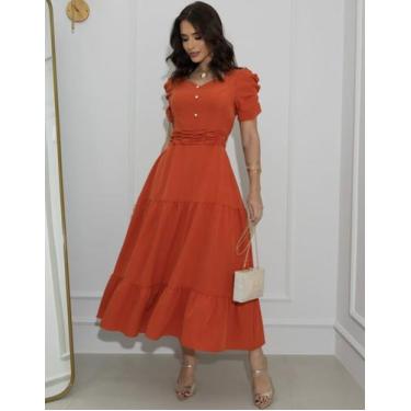 Imagem de Vestido Feminino Manga Princesa Bufante Duna - RezesModa, Laranja, GG