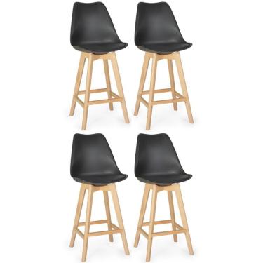 Imagem de Kit 4 Banqueta Alta Leda Base Madeira Com Encosto - Preto