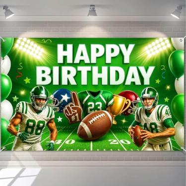 Imagem de HOMETITUTE Faixa vintage feliz aniversário verde jogadores de futebol capacetes troféu estádio campo esportes tema feriado evento decoração faixa de aniversário festa interior exterior fundo 71x43