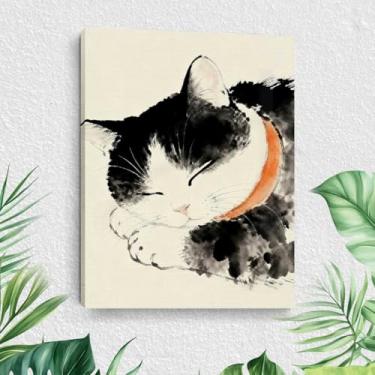 Imagem de Arte de parede em tela de gato dormindo, pinturas de arte emolduradas a tinta, decoração de parede, imagem para amantes de gatos para sala de estar, sala de jantar, decoração de casa para galeria