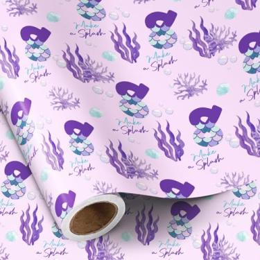 Imagem de RUSPEPA Rolo de papel de embrulho de 8º aniversário, mini rolo, cauda de sereia roxa número 8 e embrulho de presente com texto "Make a Splash" para meninas, festa de aniversário infantil, 43 cm x 40