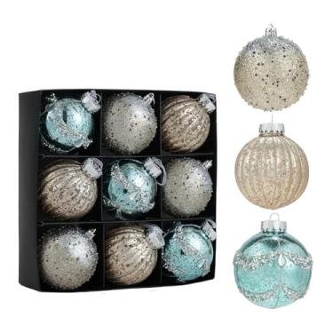 Imagem de Nishiyuenyi Conjunto de 9 Bolas de Natal com Glitter, 7,6 Cm (3 Polegadas), Inquebráveis, para Pendurar em Guirlandas, Jardins E para O Dia de ação de Graças, Azul Prateado