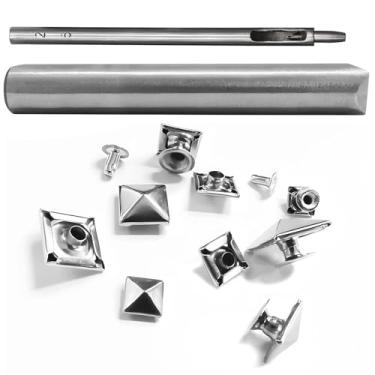 Imagem de Kit de ferramentas de rebite de artesanato de couro com perfurador, 20 conjuntos de rebites quadrados prateados (0,39), furador (0,1) e matriz de configuração para projetos de couro DIY, jaquetas e