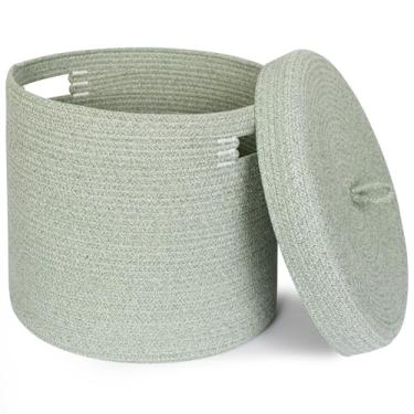 Imagem de WILLITAT Cesta de armazenamento com tampa, armazenamento de cobertor de tecido para sala de estar, cesto de corda de algodão com tampa, cesto de roupa de vime redondo com capa, caixa de brinquedos