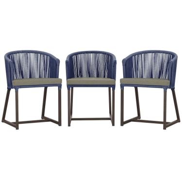 Imagem de 3 Cadeiras De Jantar Noronha Marrom Corda Náutica E8 Trama Azul