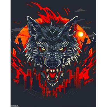 Imagem de XTXGERL Tinta de cabeça de lobo feroz por números para adultos iniciantes, fundo urbano, pintura a óleo faça você mesmo, tinta acrílica animal por números, kits para adultos para decoração de parede