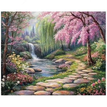Imagem de Kit de pintura de arte de paisagem por números para adultos – DIY pintura de caminho de pedra de flor de cerejeira em tela 40,6 x 50,8 cm, conjunto de tinta acrílica, adequado para iniciantes, arte da