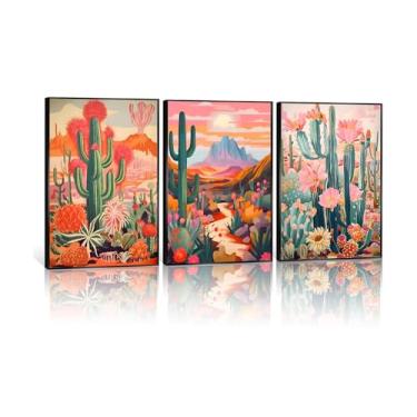 Imagem de Arte de parede boho cacto vintage rosa laranja planta floral decoração de parede imagens coloridas sudoeste rústico pintura paisagem deserto impressões de pôster para sala de estar banheiro quarto
