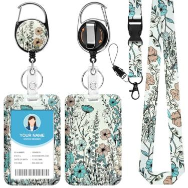 Imagem de Soleebee Cordão de arte floral vintage para crachás de identificação, suporte de crachá de identificação fofo e cordão destacável, chaveiro retrátil, carretel resistente com mosquetão giratório de 360