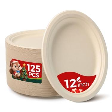 Imagem de hooray mida Pratos de papel ovais 100% compostáveis de 30,5 cm, pacote com 125 pratos descartáveis grandes resistentes para churrasco, festa, piquenique, ação de graças