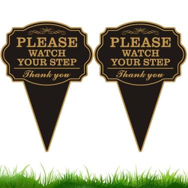 Imagem de Placa de quintal dupla face, pacote com 2 - 25,4 x 35,5 cm Cuidado com o seu jardim com estaca, metal livre de ferrugem, observe seu sinal de passo ao ar livre, placa de segurança impressa em UV para