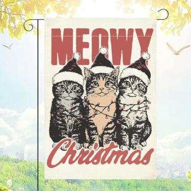 Imagem de Bandeira de jardim de inverno engraçada chapéu de Papai Noel gato bandeiras de jardim decoração ao ar livre bandeiras de férias de inverno dupla face pequena serapilheira 30,5 x 45,7 cm para quintal