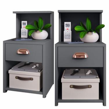Imagem de Mesa de Cabeceira com 1 Gaveta e Nicho Organizador em MDP – Criado Mudo Compacto para Quarto(KIT CLÉO CINZA)