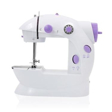 Imagem de Mini Máquina de Costura Portátil SM-202A, Bivolt 110V/220V, Branca e Lilás, Compacta, com Pedal e Luz LED, 19x19x9.5cm, Alimentação Dupla Tomada/Pilhas