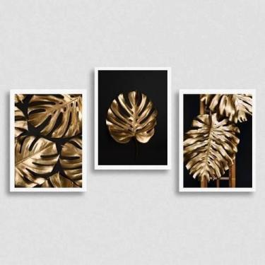 Imagem de Kit 3 Quadros Folhas Douradas 45X34 Com Vidro Moldura Branca - Quadros