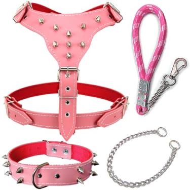 Imagem de Peitoral Ajustável para Cachorro com Cravos, Coleira e Guia Antipuxão - Ideal para Raças como Pit Bull, Rottweiler, Bull Terrier, American Bully, Boxer(Rosa)