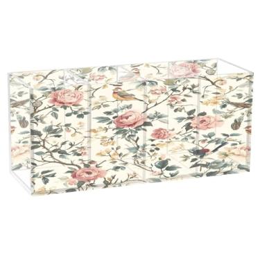 Imagem de SEHANY Lindo porta-canetas de acrílico com flores em aquarela, pássaro, 4 compartimentos, porta-lápis transparente, organizador de pincéis de maquiagem, organizador de papelaria para escritório, casa
