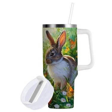 Imagem de Blueangle Copo de coelho da Páscoa de 850 g com alça e tampa de palha, copo isolado, reutilizável, garrafa de água de aço inoxidável, caneca de viagem (111)