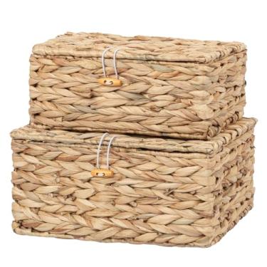 Imagem de Cestas de vime tecidas à mão, caixas de armazenamento decorativas com tampas, conjunto de 2, jacinto de água natural, caixas organizadoras para armário, prateleira, decoração de casa
