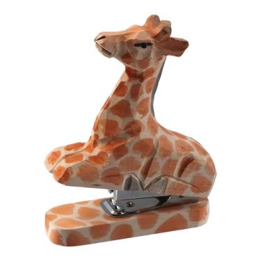 Imagem de oshhni Grampeador de madeira em formato de animal, estatueta artística portátil e divertida, mini estátua de animal esculpida à mão, grampeador de mesa para, Girafa