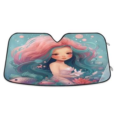 Imagem de ATTX Para-brisa de carro sereia havaiana 139.7 cm x 70.1 cm escudo solar universal com proteção UV, persiana de janela frontal automática dobrável para caminhões Sedans SUVs #515