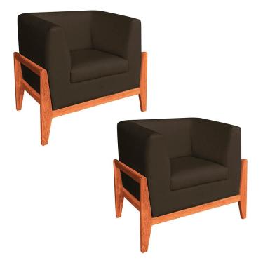 Imagem de Kit 02 Poltronas Lucy Linho Base Madeira Castanho D'rossi Marrom A78