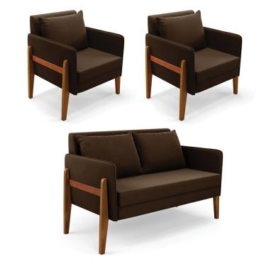 Imagem de Kit 1 Sofá Namoradeira E 2 Poltronas Lana Suede Base De Madeira - D'rossi Cor Marrom