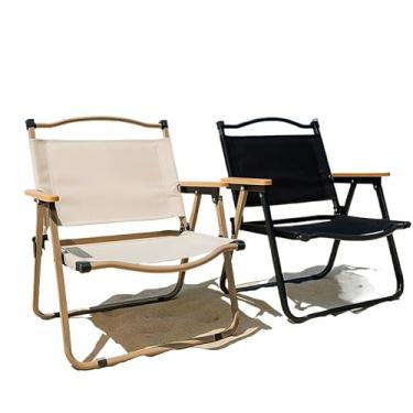 Imagem de Cadeira de Praia Dobrável Portátil - Estrutura em Aço Carbono, Braços de Madeira, Suporta 120kg para Pesca e Camping(Bege)