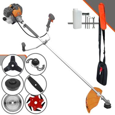 Imagem de Roçadeira À Gasolina Tekna RL430P 43cc 1,7HP Alta Rotação Com Cabeçote de Nylon + Facas 2 Pontas, 3 Pontas, 6 Pontas, 40 Dentes de Vídea e Trimmer