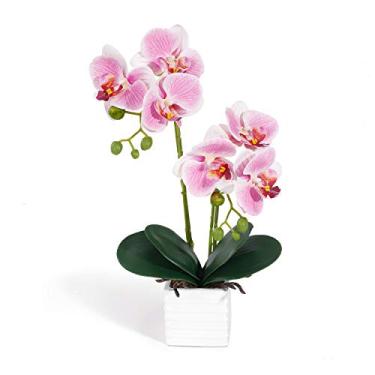 Imagem de Orquídea rosa artificial com vasos de porcelana - orquídeas falsas realistas em tons de rosa - decoração de mesa perfeita para jantar, sala de estar ou quarto