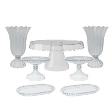 Imagem de Kit Completo de Festa com 1 Boleira 2 Vasos , 2 Mini Boleiras Pérola e 2 Bandejas pérola para decoração(CR - CRISTAL)
