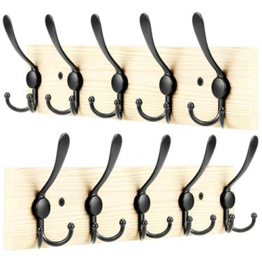 Imagem de Suporte de parede de madeira resistente, 2 cabides de parede com 5 ganchos triplos para roupas, jaqueta, chapéu, chaves, organizador de entrada para sala de lama (prato natural e ganchos pretos)