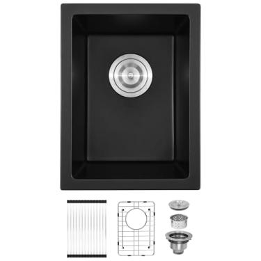 Imagem de Davivy Pia de barra de granito preto de 30,5 x 40,6 cm, pia de cozinha composta de granito pequeno, pia de preparação de barra inferior de 25 cm de profundidade com acessórios para trailer e