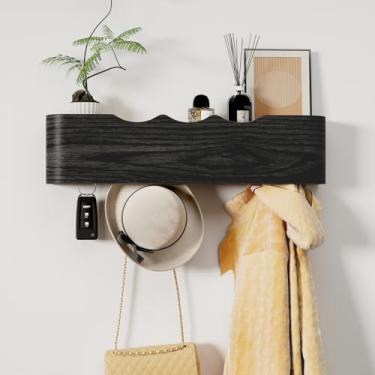 Imagem de Jadoxy Suporte de parede com prateleira, 4 ganchos ocultos, porta-chaves de madeira, organizador de entrada para corredor, quarto, banheiro, decoração de casa, armazenamento para pendurar casacos