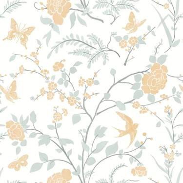 Imagem de Fiula Papel de parede laranja laranja e verde, folhas de flor, pássaro, borboleta, boho, papel de parede, autoadesivo, descascar e colar, papel de contato removível para locatário, banheiro, quarto