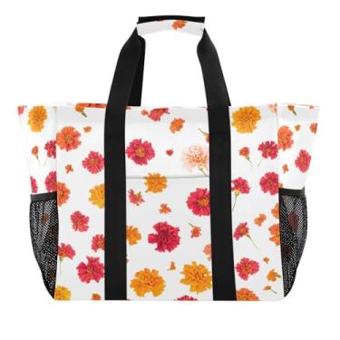 Imagem de Wassud Flores de calêndula reutilizáveis sacolas de mercearia grande bolsa organizadora de lona impermeável para praia, piquenique, lavanderia, viagem