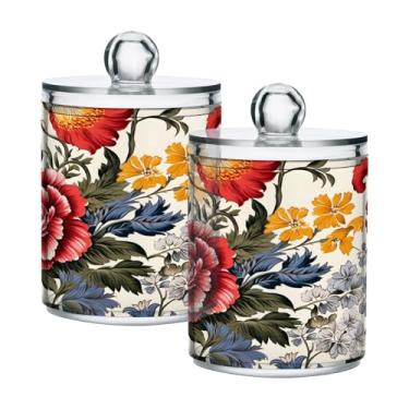 Imagem de CEBUGI Dispensador de suporte Qtip para cotonetes, bolas, almofadas de fio dental palitos de plástico transparente floral boticário com tampa acessórios essenciais de banheiro, decoração, 2 unidades