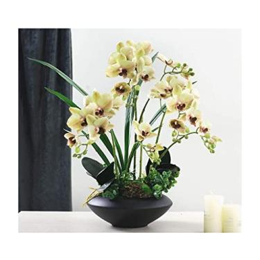 Imagem de LMJYU Flores artificiais orquídeas falsas com vaso de flores pretas - centros de mesa de hotel Phalaenopsis artificiais arranjos de flores orquídeas falsas flores