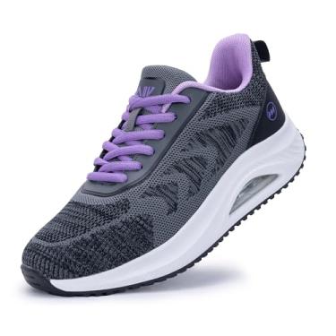 Imagem de IIV Tênis de caminhada feminino largo | Tênis com suporte de arco | Tênis para fascite plantar, Cinza/roxo, 6 Wide