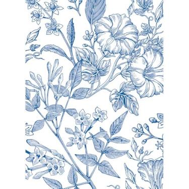 Imagem de ZAMNEA Papel de parede floral azul vintage, papel de parede branco azul descasque e cole forro de prateleira floral botânico removível para cozinha, quarto, bancada, armários, cômoda, gaveta, móveis
