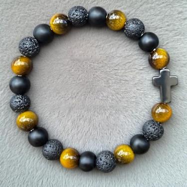 Imagem de Pulseiras elásticas com contas para mulheres, pingente de cruz, pulseira de pedra vulcânica para força espiritual, joia presente para proteção poderosa, One Size, Pedra, Sem Pedra Preciosa