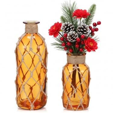 Imagem de Chuangdi Conjunto de 2 vasos de vidro costeiros para flores, pequeno vaso de flores com corda boho, garrafa decorativa de praia para mesa náutica costeira centro de mesa decoração de arranjo floral de