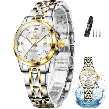 Imagem de OLEVS Relógio feminino de dois tons com vestido de data, relógio feminino para pulsos pequenos, luxuoso, fácil leitura, à prova d'água, azul/preto/dourado/prata, Pulseira dourada e prata face prata