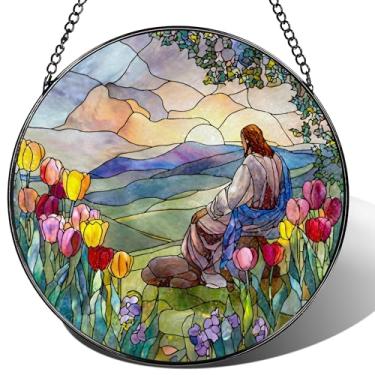 Imagem de Apanhador de sol de vitral, enfeite de apanhador de sol de Jesus e nascer do sol; pendurado em vitral, enfeite de Natal, decoração de casa cristã; presente de batismo, presentes cristãos, presentes