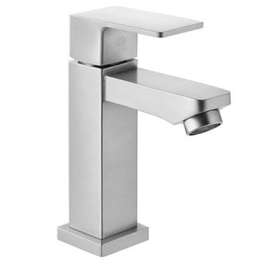 Imagem de Torneira Cascata Baixa Pequim 100% Metal Água Fria para Banheiro Diversas- Inox Cromado, Apenas Água Fria para Lavabo(Aço Escovado)