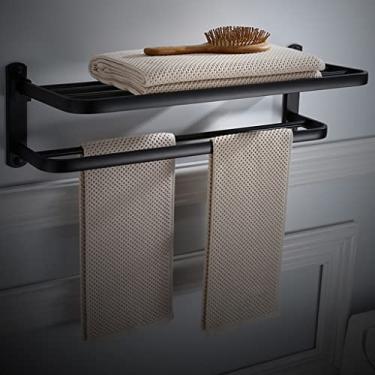 Imagem de uhyOHF Toalheiro de banheiro suporte de toalha de parede, toalheiro de banheiro, liga de alumínio 50 cm preto óleo escovado dobrável fixo suporte de toalha de banho, prateleiras de banho dobráveis (