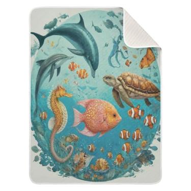 Imagem de Qilmy Cobertor de bebê Ocean Life Ring 76 x 101 cm, cobertor infantil de algodão macio para meninos e meninas, cobertor leve e quente para bebês de berço, carrinho de bebê, soneca, recém-nascido