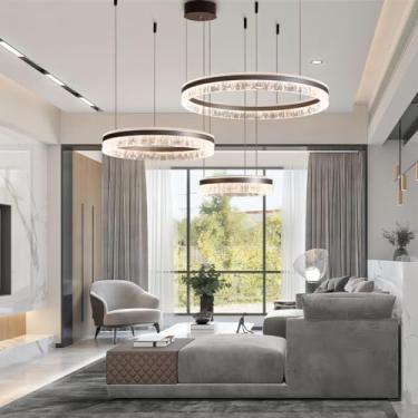 Imagem de Luminária pendente moderna em formato de anel, 120W LED, dimerizável, para sala de estar, com controle remoto, elegante, para quarto, salão de beleza e sala de jantar. Altura ajustável. Acab