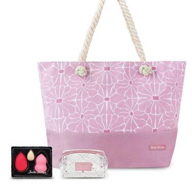 Imagem de Kit Bolsa De Praia, Necessaire Transparente, Trio De Esponjas Rosa