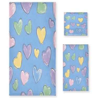 Imagem de Wassud Conjunto de 3 toalhas de banho coloridas de corações desenhados à mão, toalhas super macias e absorventes para banheiro, toalhas de banho de secagem rápida, toalha de banho para academia, spa